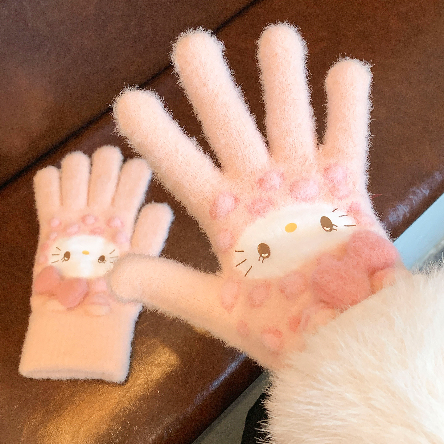 可爱粉色Kitty猫毛绒五指手套女冬季保暖防风防寒骑行学生可触屏,淘宝优惠券,粉丝福利购,淘宝优惠卷