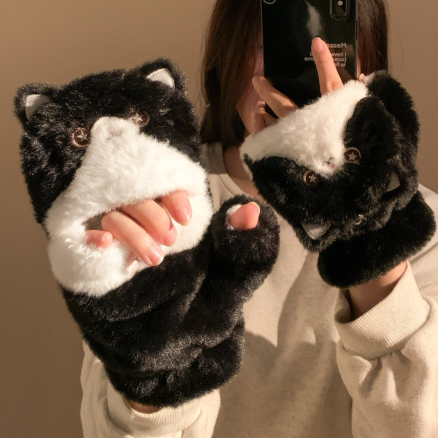 毛茸茸三花猫咪交叉围脖围巾女冬季加厚保暖毛绒防寒防风可爱甜美,淘宝优惠券,粉丝福利购,淘宝优惠卷