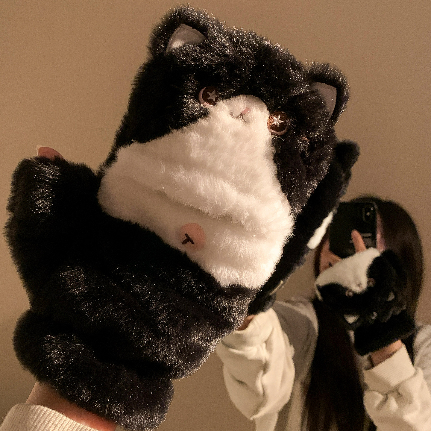 毛茸茸三花猫咪交叉围脖围巾女冬季加厚保暖毛绒防寒防风可爱甜美,淘宝优惠券,粉丝福利购,淘宝优惠卷