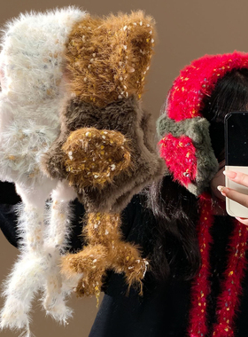 雪花白色毛绒针织耳罩女冬季