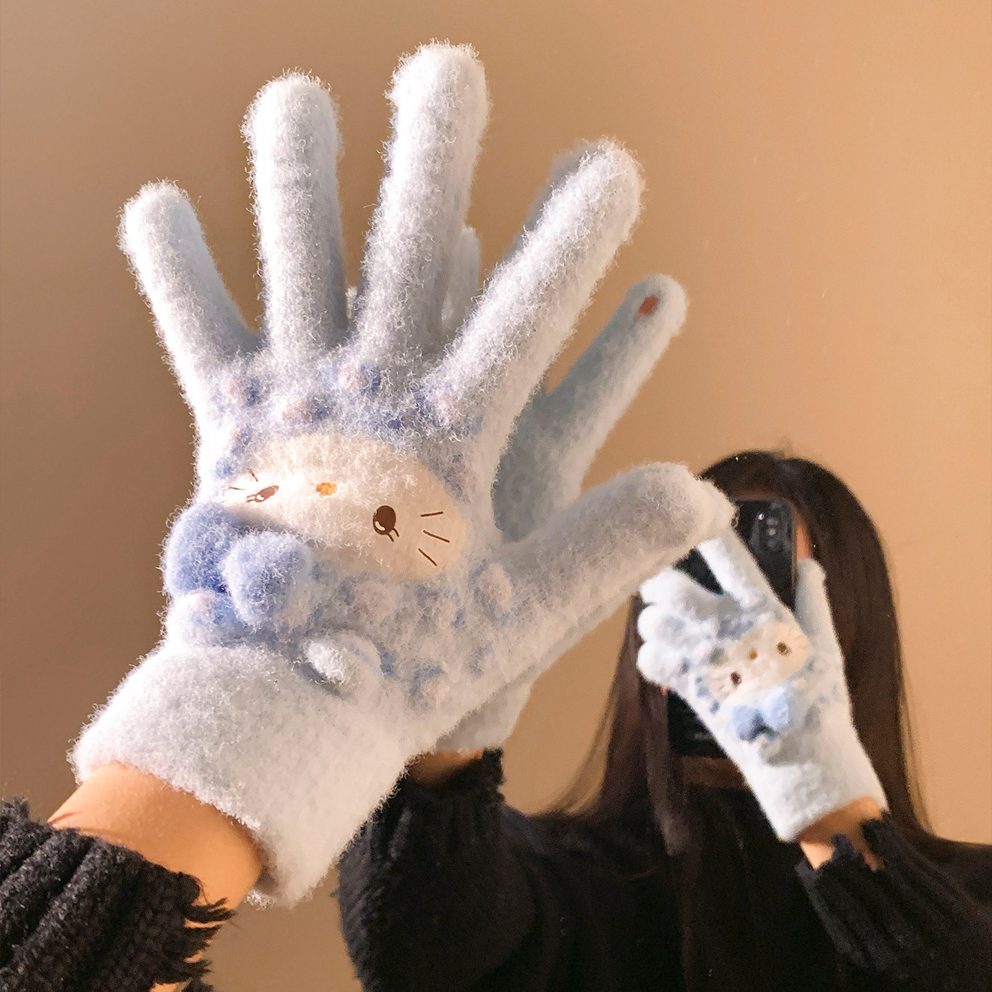 可爱粉色Kitty猫毛绒五指手套女冬季保暖防风防寒骑行学生可触屏,淘宝优惠券,粉丝福利购,淘宝优惠卷