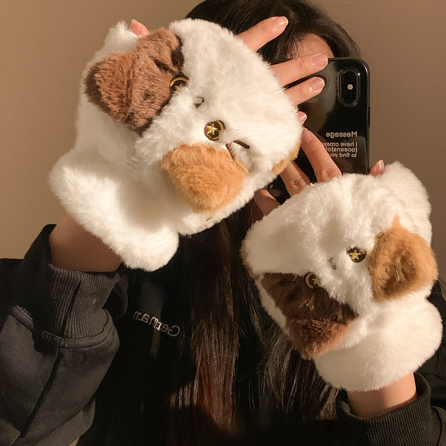 毛茸茸三花猫咪交叉围脖围巾女冬季加厚保暖毛绒防寒防风可爱甜美,淘宝优惠券,粉丝福利购,淘宝优惠卷