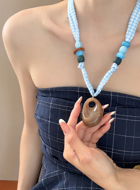 蓝色系~格子丝巾项链女款小众