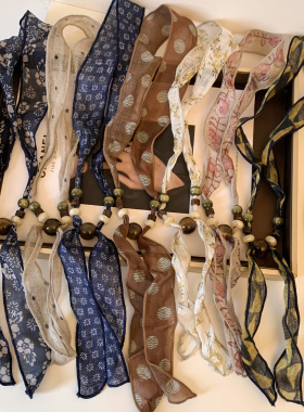 复古藏青色花朵丝巾项链女高级感