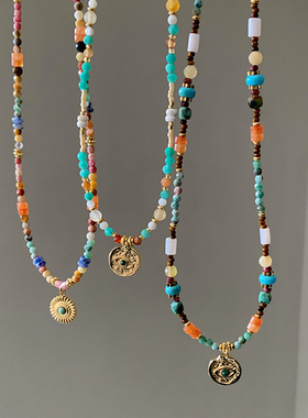 美拉德天然石叠戴串珠项链