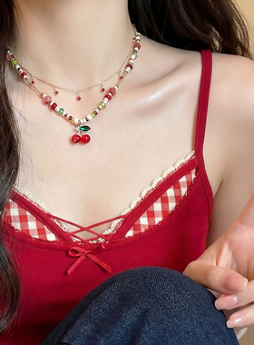 甜美红色樱桃串珠叠戴项链高级感