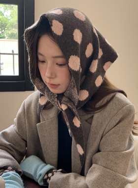 藏青色圆点针织三角形披肩女
