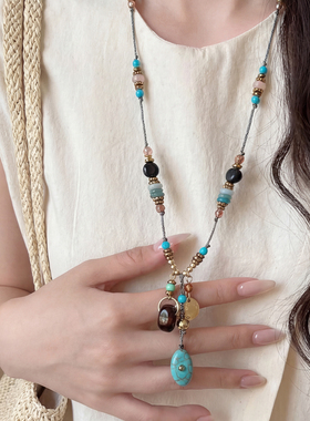 绿松石项链女复古精致长款毛衣链