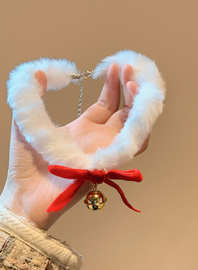 圣诞节红色蝴蝶结铃铛毛绒项链