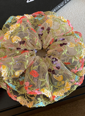 新中式花朵刺绣网纱双层大肠发圈