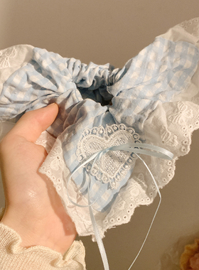 海盐泡泡~蓝色格子蝴蝶结蕾丝方巾大肠发圈女韩系超大头绳发饰夏