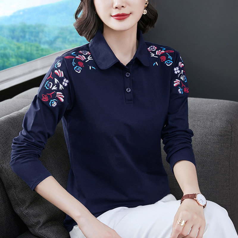 妈妈翻领长袖秋冬纯棉打底衫t恤 木岩T恤