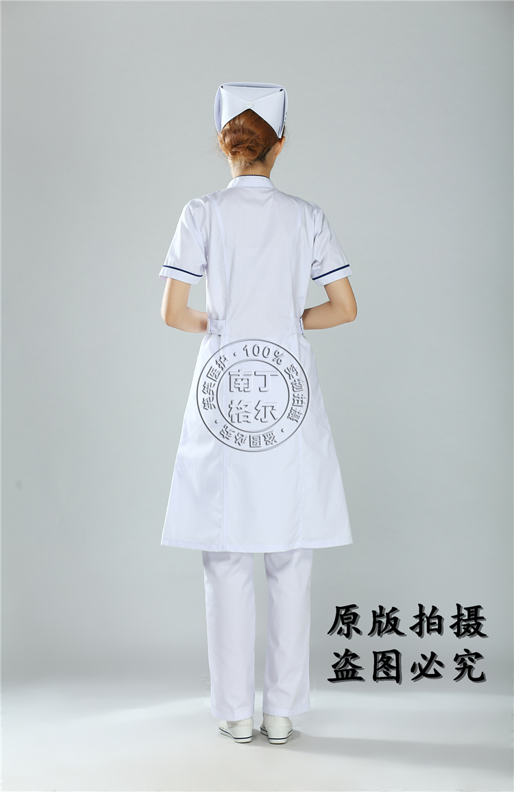 南丁格尔蓝加边圆领护士服夏装短袖美容服白大褂女医生药店服绣字-图0