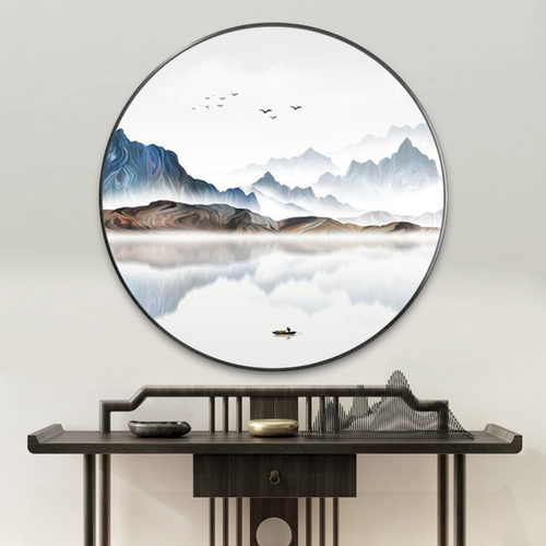 新中式圆形装饰画客厅玄关灯画山水画茶室禅意挂画水墨画风景壁画 - 图3