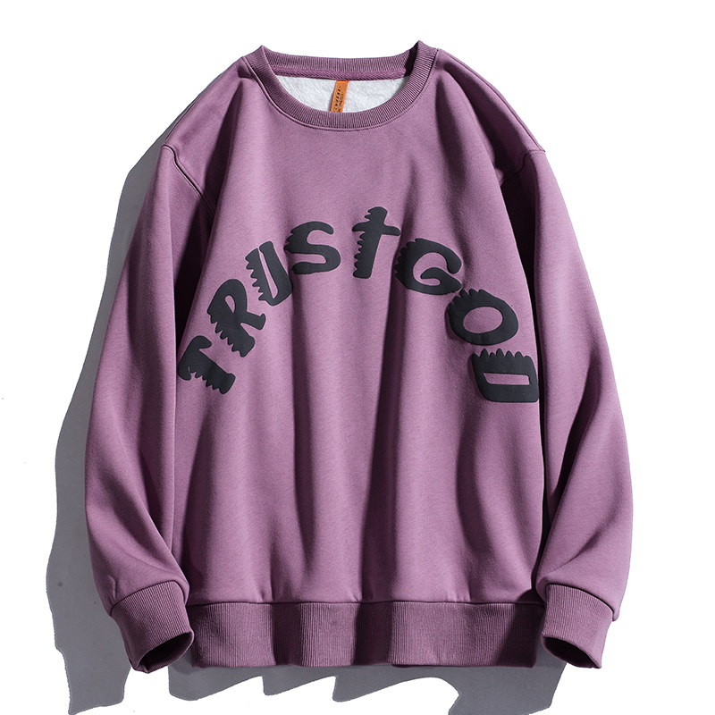 华夫格卫衣男秋冬款加绒圆领宽松灰色美式四条杠打底衫套头外套潮