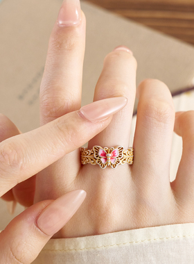[空谷] 新中式国风足银999.9戒指女描金珐琅彩蝴蝶小众百搭指环