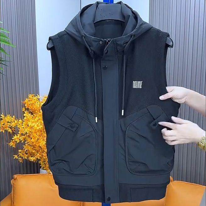 【现货】2266新款针织加厚拼接连帽马甲男修身工装百搭休闲外套男,淘宝优惠券,粉丝福利购,淘宝优惠卷