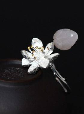 狮造s925银粉晶荷花莲花活口指环东陵玉国风汉服配饰戒指