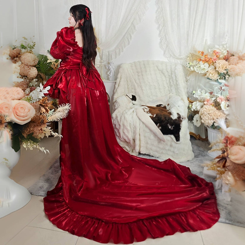 大码200斤无人区玫瑰酒红色大拖尾显白小礼裙亮晶晶高级绸缎质感,淘宝优惠券,粉丝福利购,淘宝优惠卷