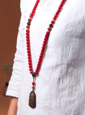 天然白玉菩提根南红色手串108颗佛珠古风男女情侣款吊坠毛衣项链