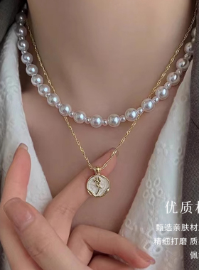 爱带不戴热销款studio釉珍珠复古气质玫瑰花珐琅滴优雅法式项链