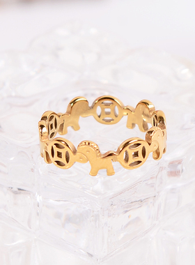 钛钢戒指 马上有钱木马铜钱戒指女马年本命年指环不褪色轻奢饰品