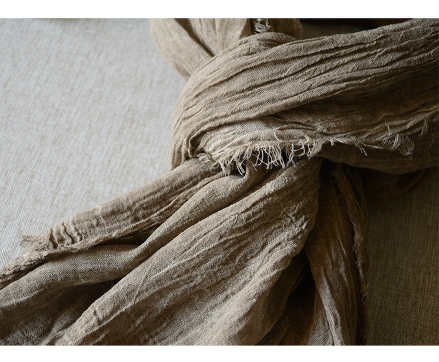 Versatile style tie-dye mechanism pleated brown cotton and linen scarf