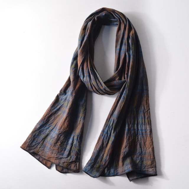 Japanese plaid cotton and linen scarf for men in autumn and winter