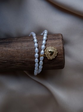 [游七月]原创设计天然珍珠手链小米珠双层钛钢爱心吊坠高品质精致