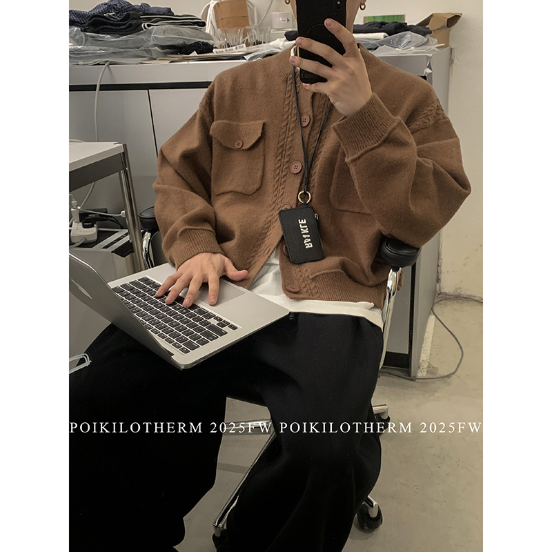 PLTH*老钱风高级感短款开衫毛衣男cleanfitt口袋设计慵懒针织外套 - 图2