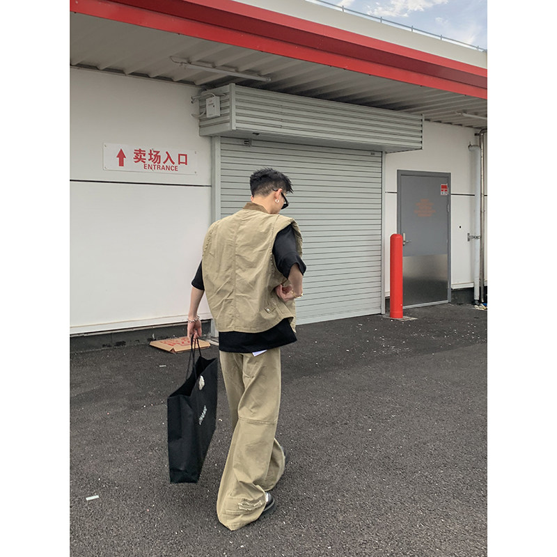 PLTH*美式潮牌复古牛仔夹克廓形设计坎肩马甲直筒拖地裤套装男,淘宝优惠券,粉丝福利购,淘宝优惠卷