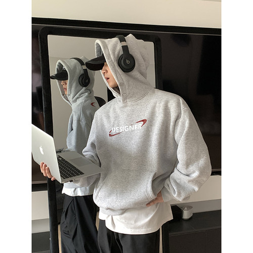 PLTH*冬季加绒加厚抗寒内里羊羔绒连帽金属防风扣情侣连帽卫衣男 - 图1