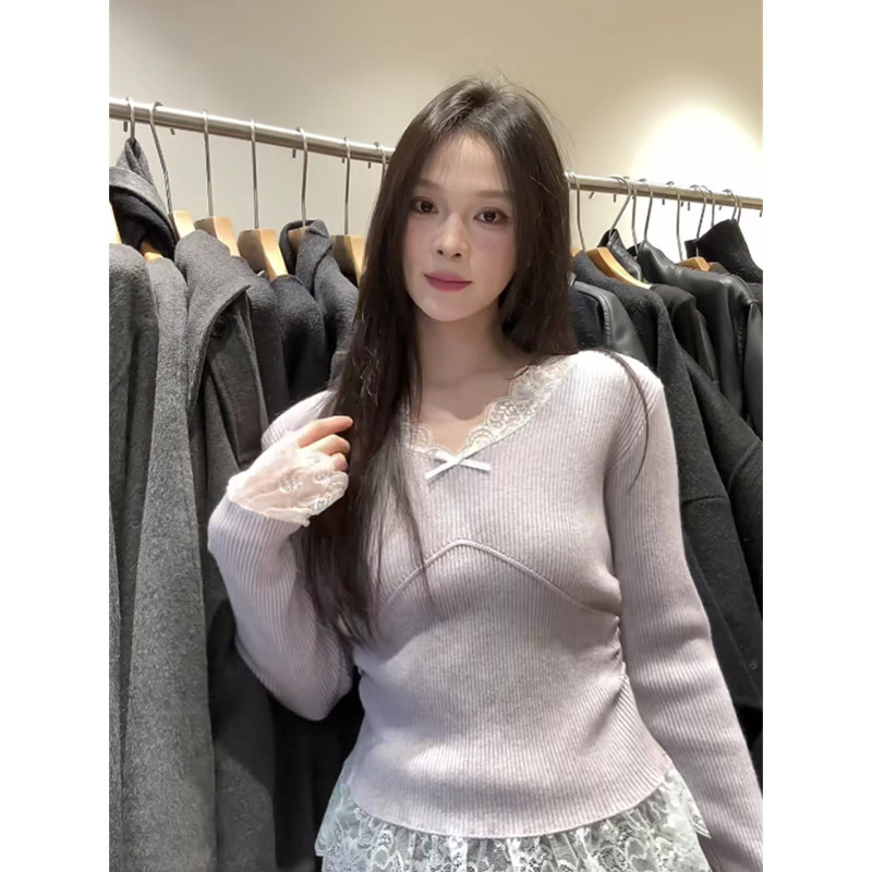 大码胖mm韩系紫色蕾丝花边v领针织衫女秋冬内搭修身别致打底上衣,淘宝优惠券,粉丝福利购,淘宝优惠卷