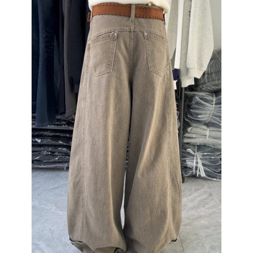 大码胖mm美式复古高腰工装牛仔裤女秋冬设计感宽松显瘦阔腿拖地裤 - 图3