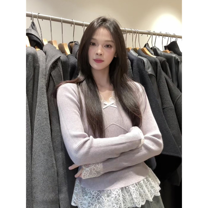 大码胖mm韩系紫色蕾丝花边v领针织衫女秋冬内搭修身别致打底上衣,淘宝优惠券,粉丝福利购,淘宝优惠卷