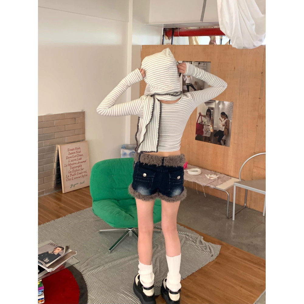 大码胖mm美式复古设计感毛毛边拼接牛仔热裤女春辣妹包臀短裤靴裤,淘宝优惠券,粉丝福利购,淘宝优惠卷