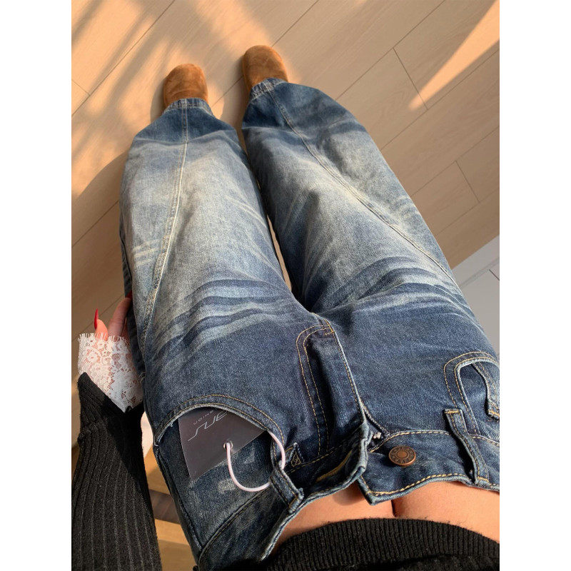 大码胖mm美式复古水洗弯刀牛仔裤女春季设计感高腰显瘦阔腿镰刀裤,淘宝优惠券,粉丝福利购,淘宝优惠卷