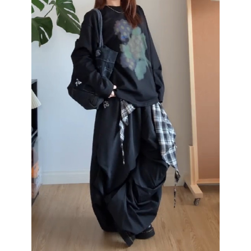 大码胖mm美式复古褶皱格子系带休闲裤女秋季宽松垂感嘻哈街舞裤子 - 图0