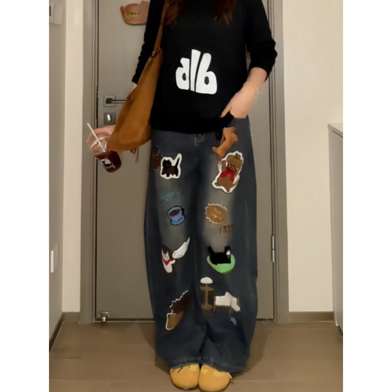 大码胖mm美式复古卡通贴布刺绣弯刀牛仔裤女秋冬设计感宽松阔腿裤,淘宝优惠券,粉丝福利购,淘宝优惠卷