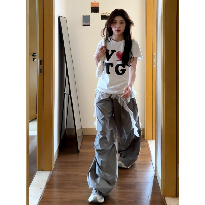 大码胖mm美式蕾丝拼接假两件工装裤女夏季宽松运动速干阔腿伞兵裤,淘宝优惠券,粉丝福利购,淘宝优惠卷