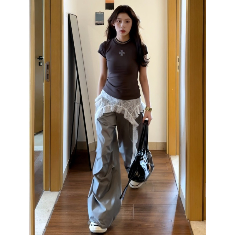 大码胖mm美式蕾丝拼接假两件工装裤女夏季宽松运动速干阔腿伞兵裤,淘宝优惠券,粉丝福利购,淘宝优惠卷