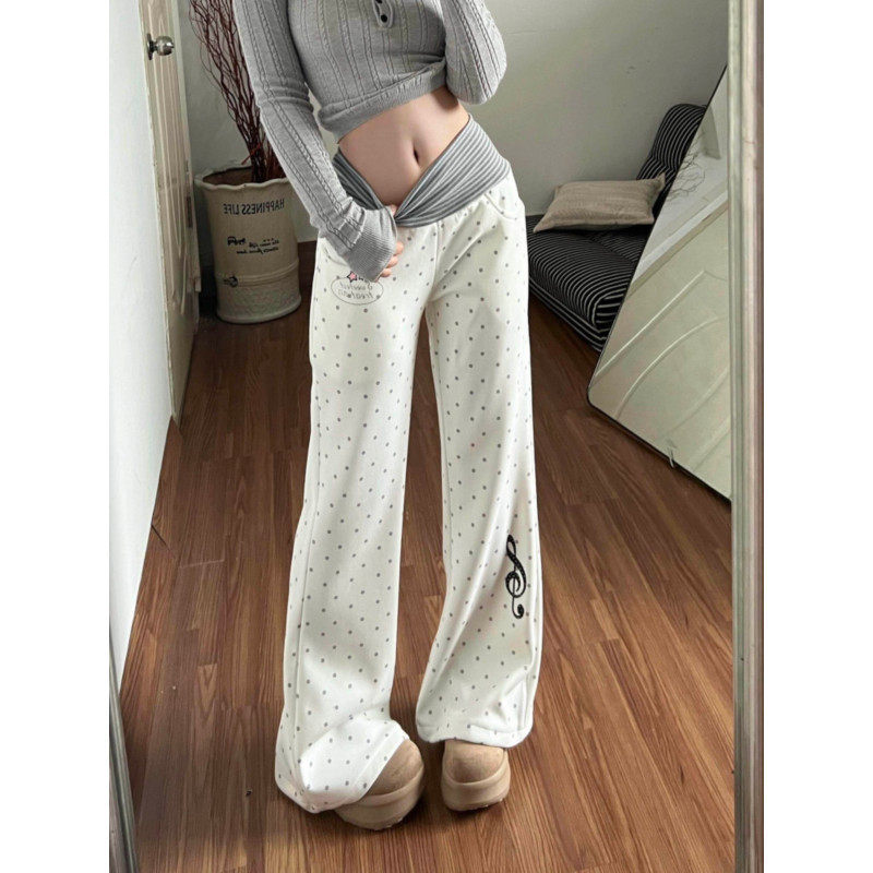 大码胖mm美式复古加绒波点直筒卫裤女秋冬高腰显瘦加厚休闲阔腿裤,淘宝优惠券,粉丝福利购,淘宝优惠卷