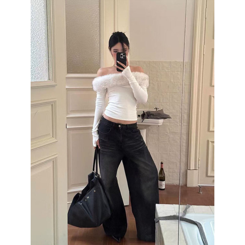 大码胖mm美式复古一字肩毛领长袖T恤女秋冬季设计感修身别致上衣,淘宝优惠券,粉丝福利购,淘宝优惠卷