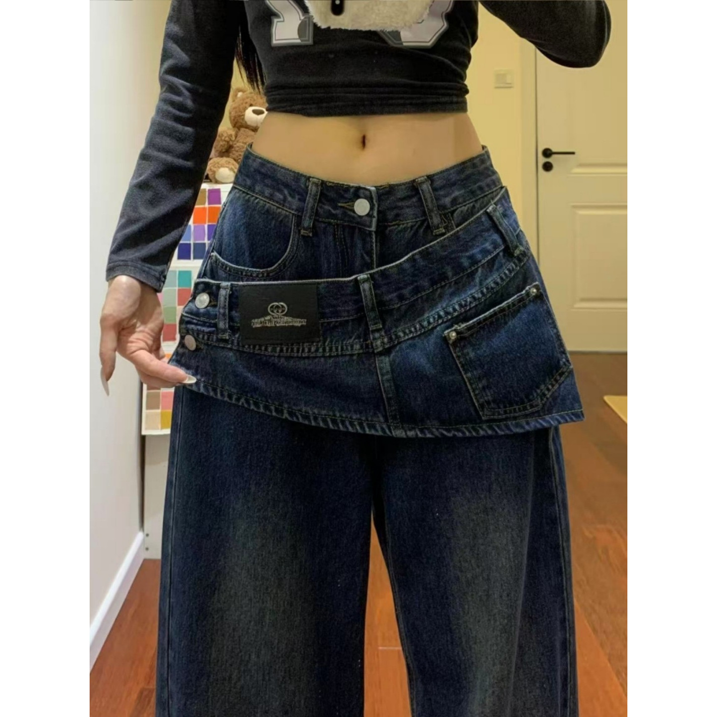 大码胖mm美式街头假两件屁帘牛仔裤女秋冬设计感高腰显瘦阔腿裤潮,淘宝优惠券,粉丝福利购,淘宝优惠卷