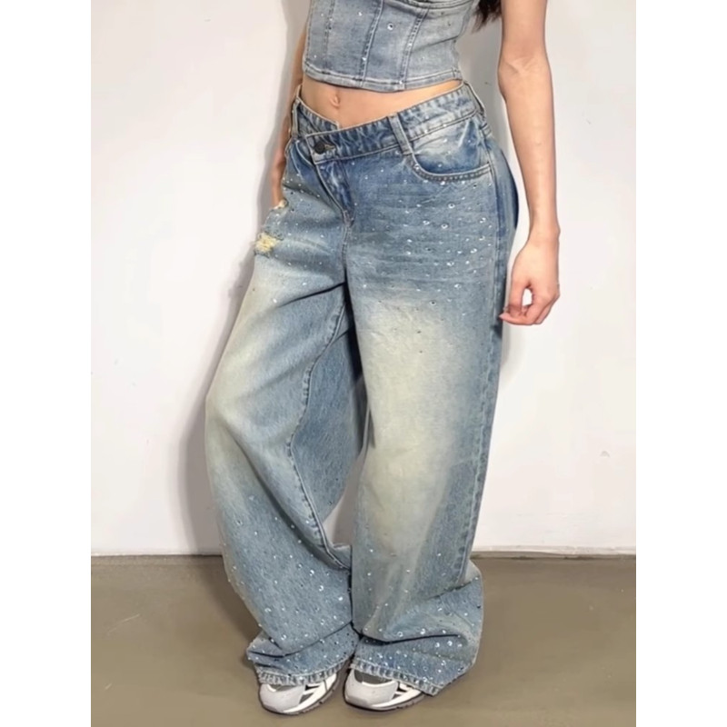 大码胖mm美式复古水洗烫钻破洞牛仔裤女夏季辣妹设计感解构拖地裤,淘宝优惠券,粉丝福利购,淘宝优惠卷