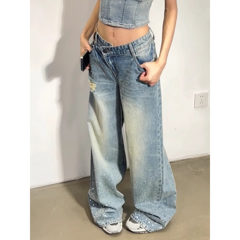大码胖mm美式复古水洗烫钻破洞牛仔裤女夏季辣妹设计感解构拖地裤,淘宝优惠券,粉丝福利购,淘宝优惠卷