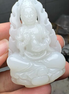 新品和田玉白玉双面雕刻镂空吊坠男女款玉石观音菩萨挂件好运项链
