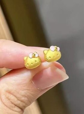 新款黄金色轻奢HelloKitty猫耳钉女高级感时尚百搭精致耳环送女友