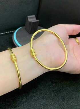 18k黄金新款小蛮腰手镯实心简约百搭时尚手环3D硬金素圈金色手饰