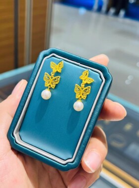 新款复古镂空花丝珍珠耳钉轻奢气质高级感镀18K黄金色双蝴蝶耳饰